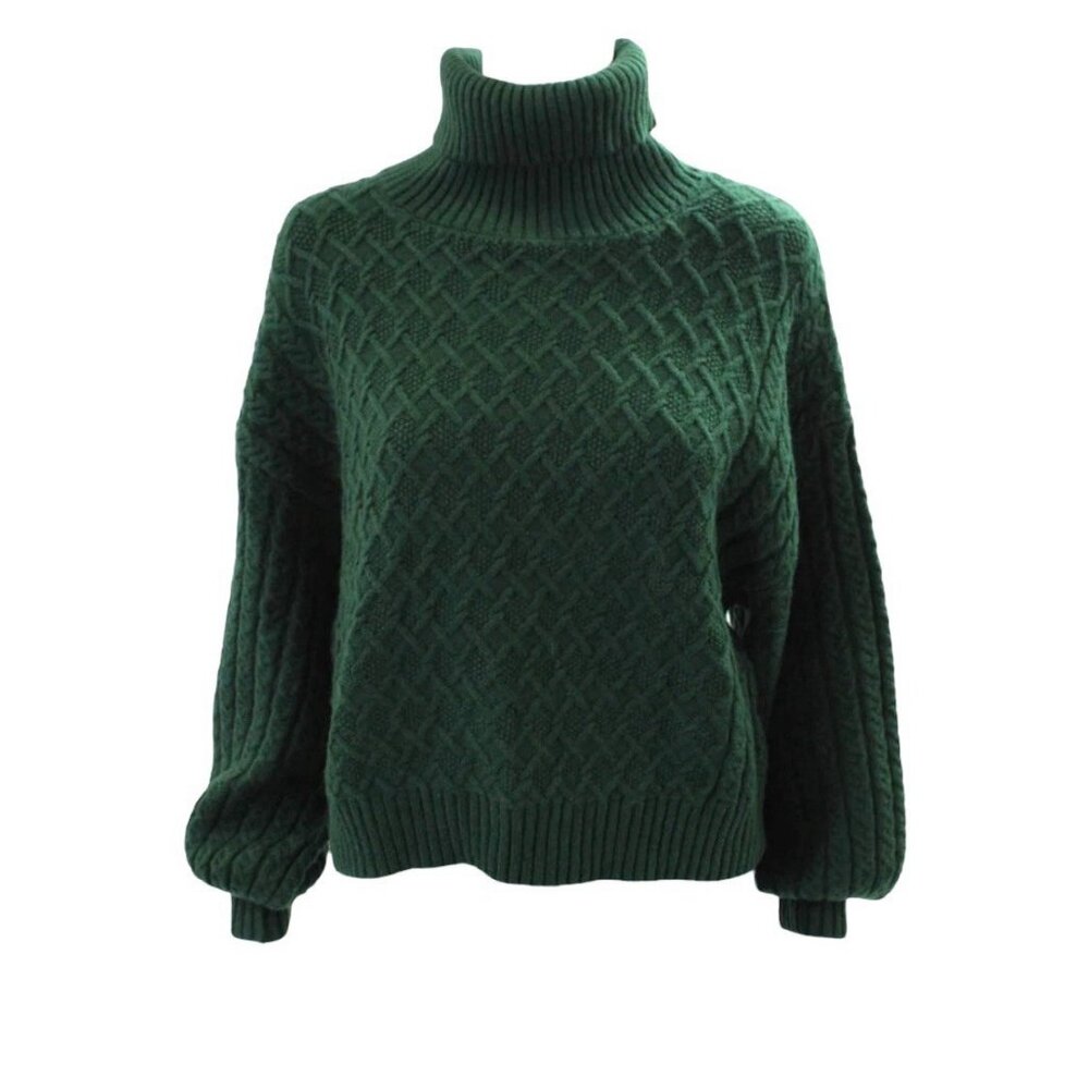 Tahari Womens Turtleneck Long Sleeve Cropped Pullover Sweater Green Size M EUC